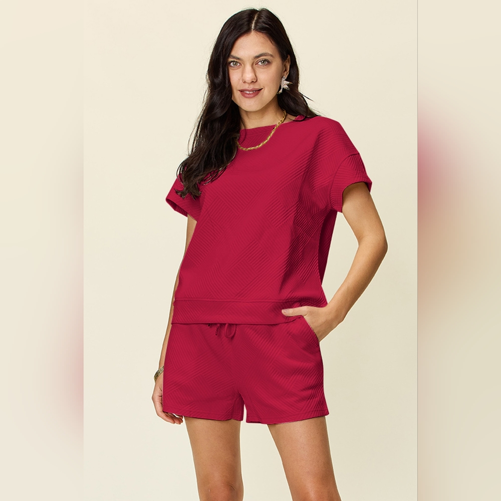 Double Take Full Size Texture Short Sleeve T-Shirt and Drawstring Shorts Set